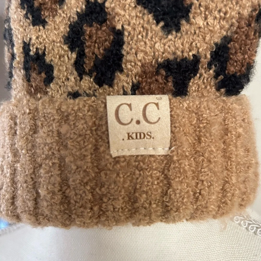 C.C Kids Tan Leopard Beanie with Black Pom Gift Ready